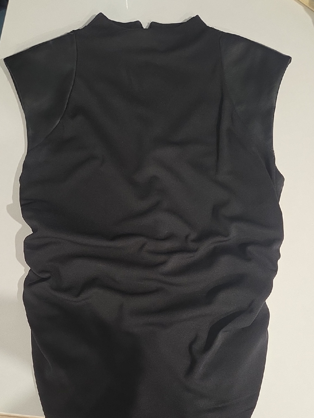 DKNY Sleeveless Black Mock Neck Top With Vegan Leather Sleeves